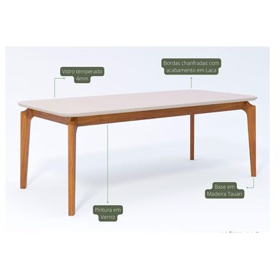 Mesa de Sala Jantar Ficus c/ Tampo Madeirado Vidro 210x100cm Carvalho/Off White - Cimol