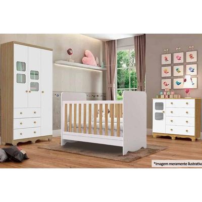 Quarto Infantil Completo 3 Peças (1GuardaRoupa+1Berço+1Cômoda) QI126 Branco/Amendoa - Peroba