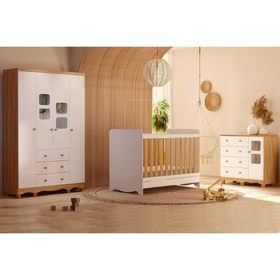 Quarto Infantil Completo 3 Peças (1GuardaRoupa+1Berço+1Cômoda) QI125 Branco/Amendoa - Peroba