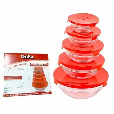 Conjunto 5 Potes De Vidro Hermetico Com Tampa Para Guardar Comida