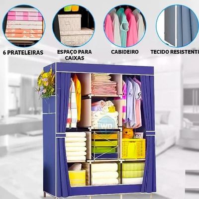 Guarda Roupa Armário Portátil Prateleiras Organizador Brinquedos Arara Cabideiro Sapatos Azul
