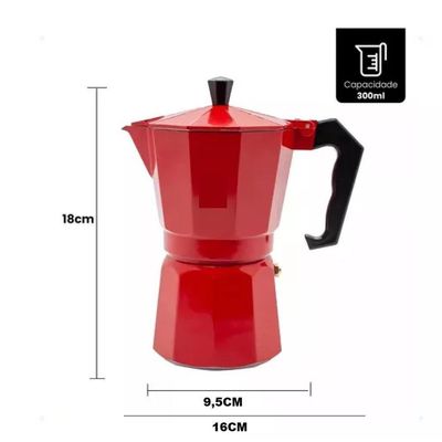 Cafeteira Italiana Vermelha 6 Xicaras Moka Grande Cafe Expresso Cafezinho Manual Premium Grande