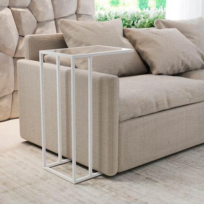 Mesa Lateral Elena Industrial Branco Com Tampo De Vidro