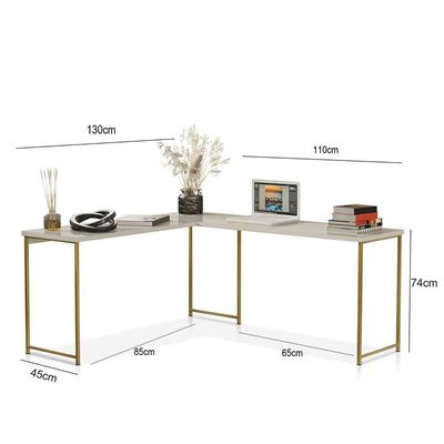 Mesa Em L Sem Prateleira Office Em Mdf Industrial Klm Store Dourado/off White