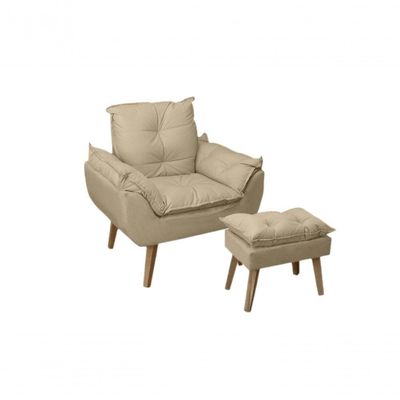 Poltrona Cadeira Decorativa E Puff Glamour Com Pés Quadrado Bege Linho