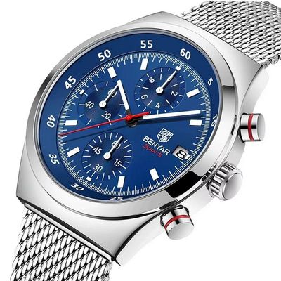 Relógio Masculino Quartzo Design Esportivo Com Cronógrafo À Prova Da Água Azul