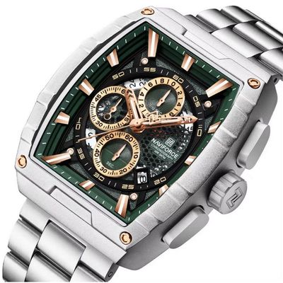 Relógio De Quartzo Masculino Moda Tonneau Aço Inoxidável À Prova Da Água Verde