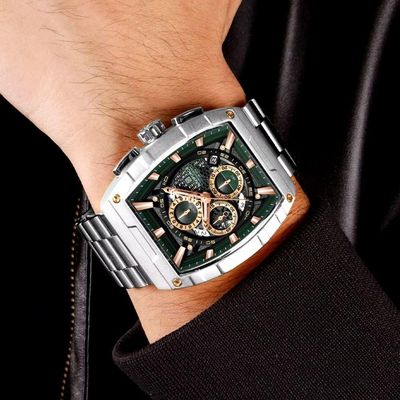 Relógio De Quartzo Masculino Moda Tonneau Aço Inoxidável À Prova Da Água Verde