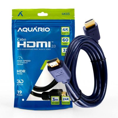 Cabo HDMI Aquário 2.0 4K 3D 19 Pinos 3 Metros - 4K03