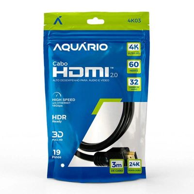 Cabo HDMI Aquário 2.0 4K 3D 19 Pinos 3 Metros - 4K03