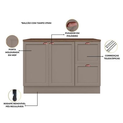 Balcão De Cozinha Unna 2 Portas E 2 Gavetas 120cm Gris Com Tampo Mdp - Poliman Móveis Gris