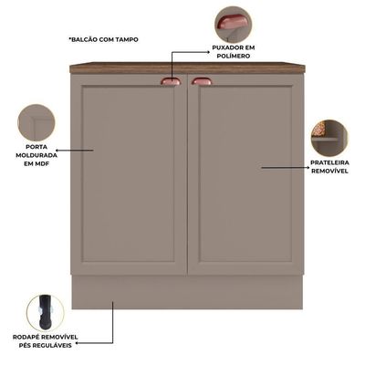 Balcão De Cozinha Unna 2 Portas 80cm Gris Com Tampo Mdp - Poliman Móveis Gris