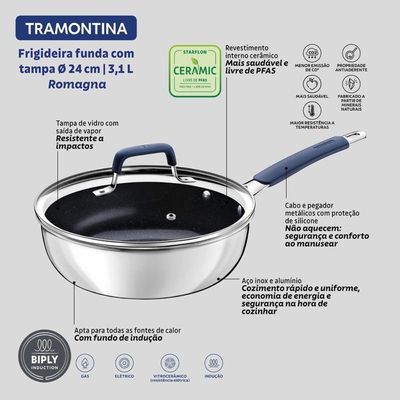 Frigideira Tramontina Funda Tampa Romagna Black Stone 24cm