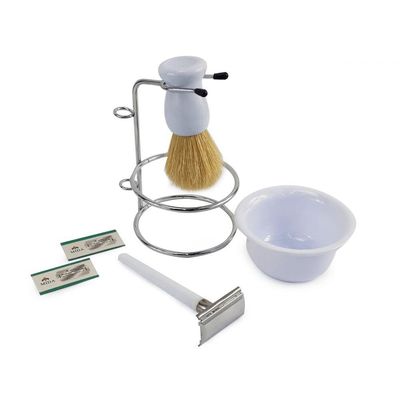 Kit Barbear Retro Navalha Suporte Saboneteira Pincel Branco
