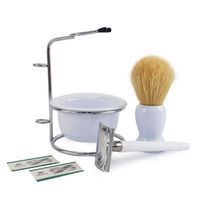 Kit Barbear Retro Navalha Suporte Saboneteira Pincel Branco