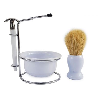 Kit Barbear Retro Navalha Suporte Saboneteira Pincel Branco