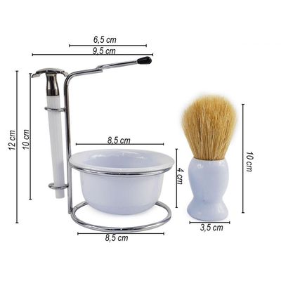 Kit Barbear Retro Navalha Suporte Saboneteira Pincel Branco