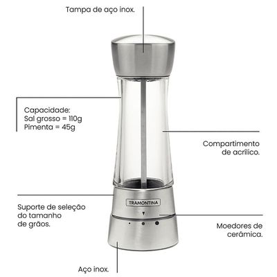 Moedor para Sal ou Pimenta Tramontina Realce em Aço Inox e Acrílico – Transparente/Inox