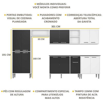 Cozinha Compacta Multimóveis Xangai Jazz Fg3160 Com Armário E Balcão Branca/preta