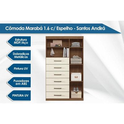 Cômoda Juvenil Marabá 1.6 c/ 1 Porta 2 Nichos e 6 Gavetas c/ Espelho Branco - Santos Andirá