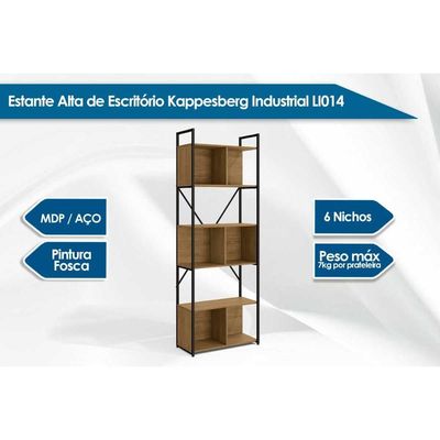 Estante Livreiro Solteiro Industrial Alta LI014 c/ 6 Nichos Freijo/Preto - Kappesberg