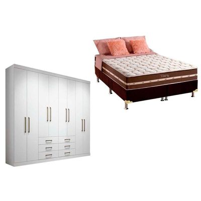 Cama Box Casal + Colchão Classic + Guarda Roupa Master 8.6 Branco