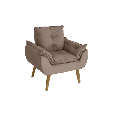 Poltrona Cadeira Decorativa E Puff Glamour Com Pés Quadrado Capuccino