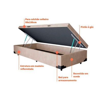 Base para Cama Box Solteiro Richard com Baú Suede (45x88x188) Bege