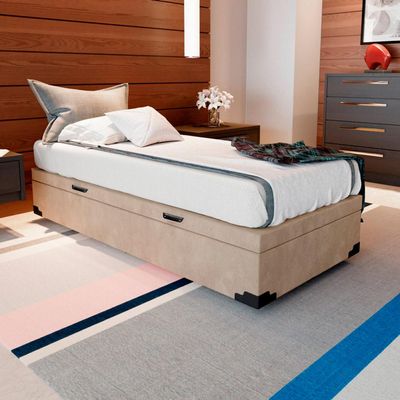 Base para Cama Box Solteiro Martin Premium com Baú Suede (45x88x188) Bege