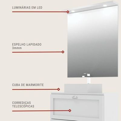 Gabinete Para Banheiro Com Tampo Cuba E Espelho Redondo 80cm Retro Mdf Branco Milano - On Móveis