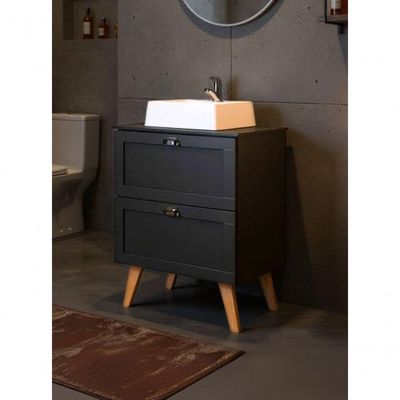 Gabinete Para Banheiro Com Tampo Cuba E Espelho Redondo 60cm Retro Mdf Grafite Milano - On Móveis