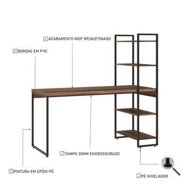 Escrivaninha com Estante Studio Nogal e Preta 146 cm