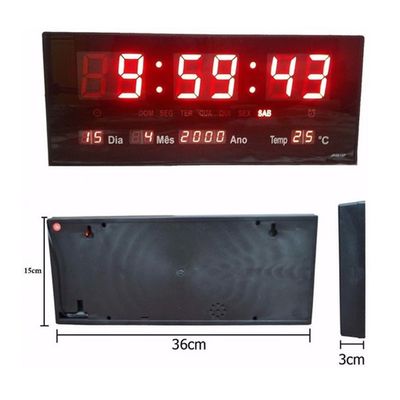 Relógio de Parede Digital LED Grande 36cm: Hora, Data, Temperatura e Alarme