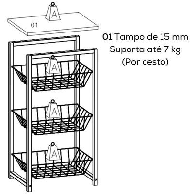 Fruteira De Chão 3 Cestos 75 Cm Li035 Canela Branco Kpb