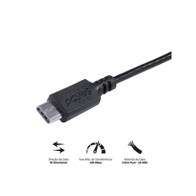 Cabo Usb A 2.0 Para Usb Tipo C Para Celular Smartphone 50cm Preto - Puacp-05