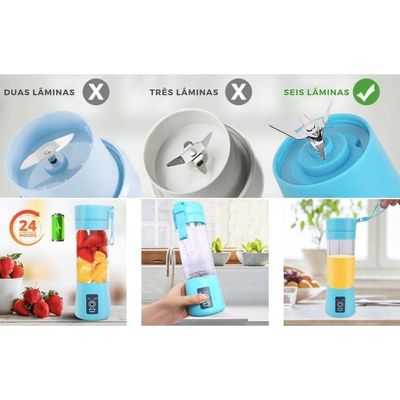 Liquidificador Portátil Recarregável 6 Lâminas 380ml Azul