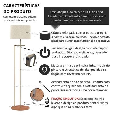 Luminária Abajur De Chão Salone Aço Carbono Champanhe Com Cúpula Palha Italiana