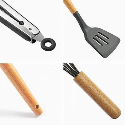 Kit De Utensílios Cozinha Em Silicone E Bambu 12 Peças Preto