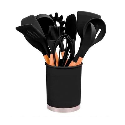 Kit Utensílios Preto Cozinha Silicone Colher Copo Suporte 12 Peças