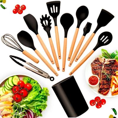 Kit Utensílios Preto Cozinha Silicone Colher Copo Suporte 12 Peças