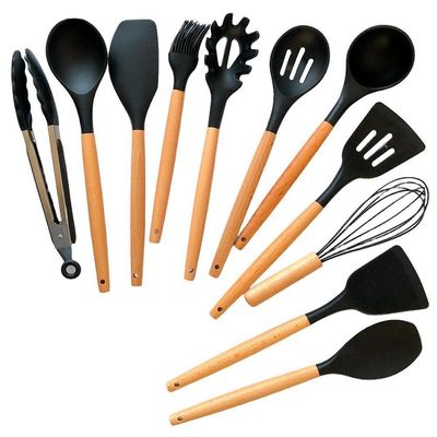 Kit Utensílios Preto Cozinha Silicone Colher Copo Suporte 12 Peças