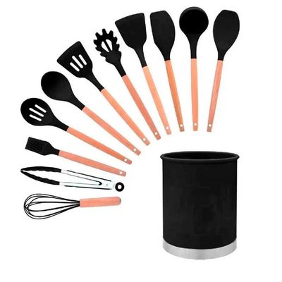 Kit Utensílios Preto Cozinha Silicone Colher Copo Suporte 12 Peças