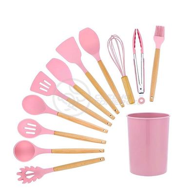 Kit 12 Utensílios Jogo De Cozinha De Silicone Com Espatulas Pincel Batedor Manual - Rosa