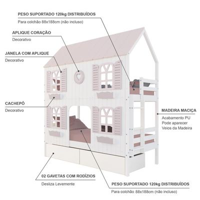 Beliche Casinha Bela Com Coração 2 Gavetas 4 Janelas Venezianas - Madeira Maciça Branco/rosa Housin