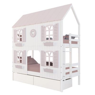 Beliche Casinha Bela Com Coração 2 Gavetas 4 Janelas Venezianas - Madeira Maciça Branco/rosa Housin