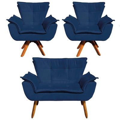 Kit 01 Namoradeira E 02 Poltronas Opala Suede Azul Marinho