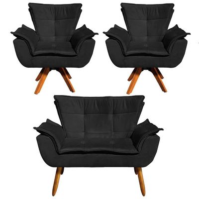 Kit 01 Namoradeira E 02 Poltronas Opala Suede Preto