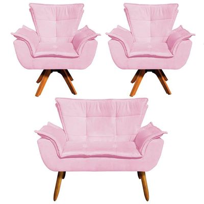 Kit 01 Namoradeira E 02 Poltronas Opala Suede Rosa Bebê