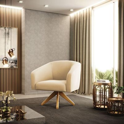 Poltrona Giratória Stella Suede Base Madeira Ma30 Bege