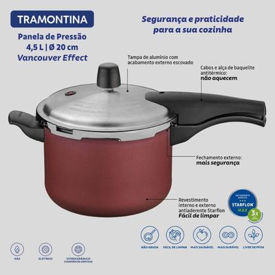 Panela de Pressão Tramontina Antiaderente 4,5L Vermelha Vancouver Effect Starflon Max Cozinha Fogão